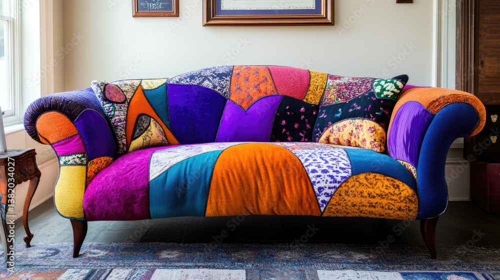 Poster a surreal, patchwork sofa in vibrant colors, blending deep blues, purples, and oranges, creating a w