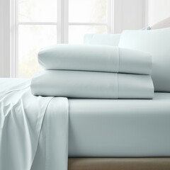 Set of clean neatly folded light blue bed linen on bed.