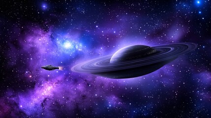 A massive gas cloud in deep space, with a spaceship navigating through it