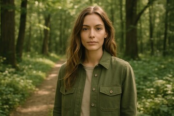 Woman in serene forest path.