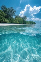 Fototapeta premium Tropical island with white sand and crystal clear turquoise water on a sunny day