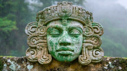 Ancient carved stone face with intricate details, green hue, weathered texture