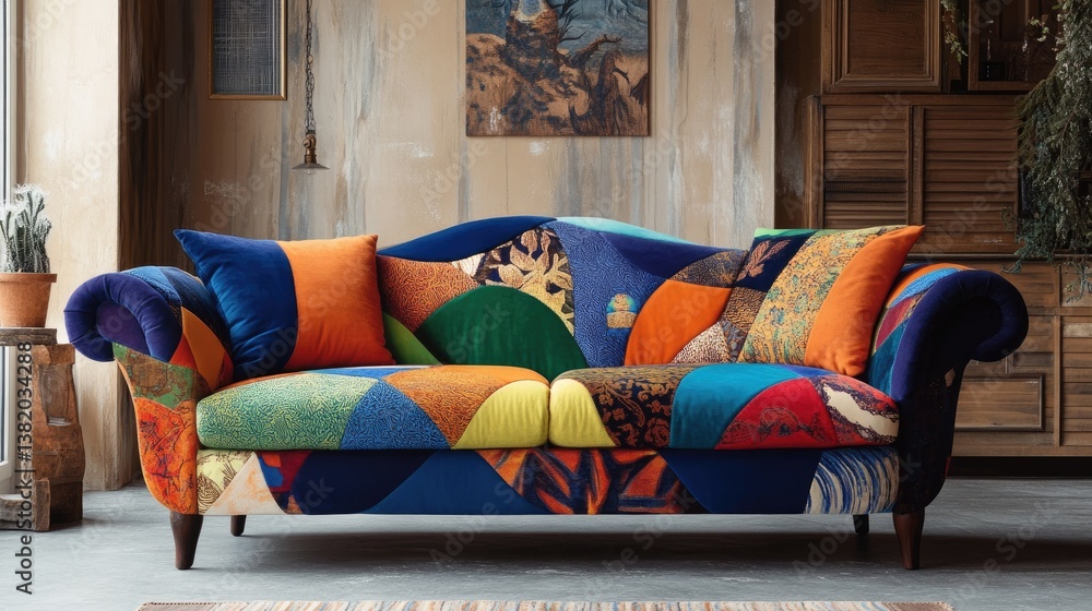 Aufkleber a whimsical and artistic sofa with a surreal design, featuring a patchwork of vibrant colors from de