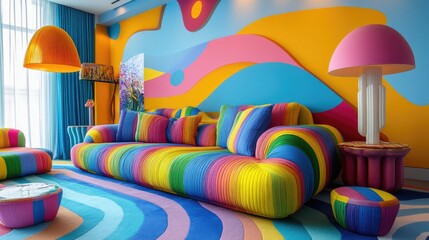 A vibrant psychedelic interior featuring a bold, wavy-striped sofa in shades of blue, yellow, pink, and green, with matching lamps adding to the colorful ambiance.