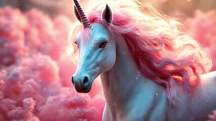 Majestic Unicorn in Dreamscape: A beautiful unicorn with a long, flowing pink mane and spiraling horn gracefully emerges from a realm of fluffy pink clouds and radiant light.