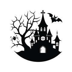  Spooky Halloween Castle with Bats and Full Moon.