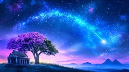 A meteor shower illuminating the night sky above an ancient temple