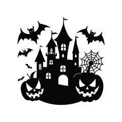  Spooky Halloween Castle with Bats and Full Moon.