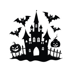 Spooky Halloween Castle with Bats and Full Moon
