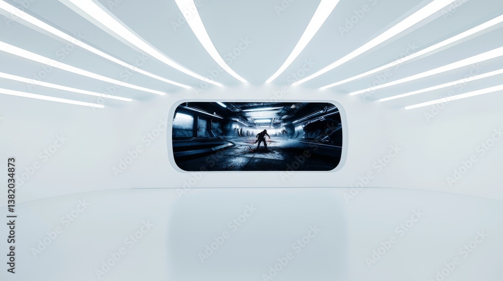 Poster futuristic interior with a large screen displaying a sci-fi scene