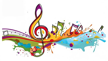 Abstract Musical Design Featuring A Treble Clef Amidst Colorful Splashes And Waves, Capturing The Essence Of Music And Artistry. Hand-Drawn Vector Illustration.