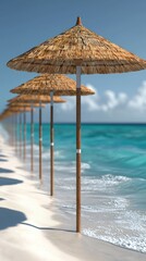 Beach parasols line shore; blue sea, white sand, sunny day vacation scene