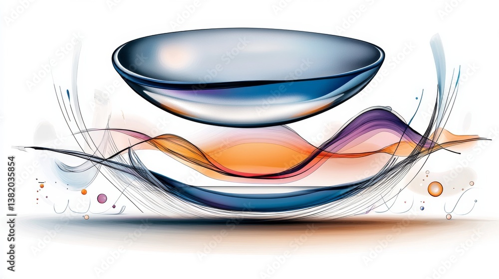 Poster abstract design featuring a floating bowl with colorful waves and shapes