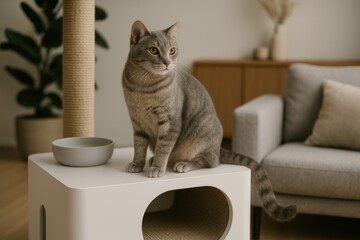 Cat sitting on modern furniture.
