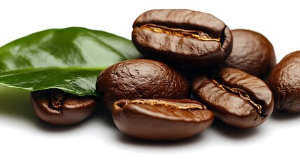Obraz premium Aromatic Coffee Beans Fresh Leaf CloseUp.
