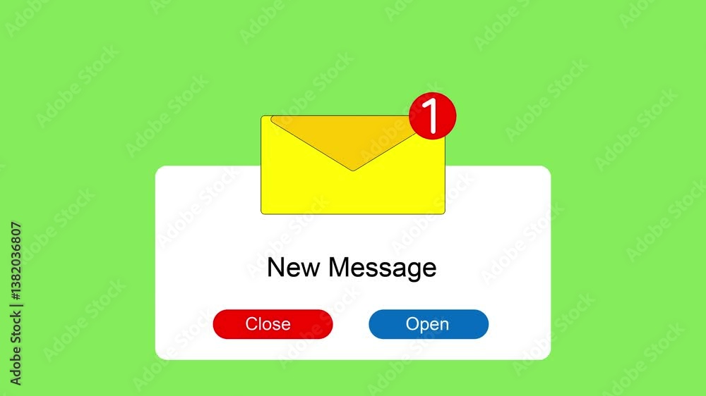 Wall mural new message pop up animation with open and close buttons on green background.