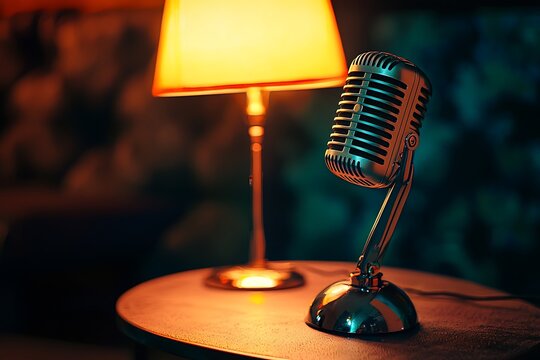 Sleek podcasting microphone on a table with rich textures and ambient lighting