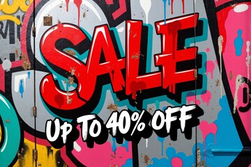 Urban Style "SALE UP TO 40% OFF" Banner Featuring Bold Red Graffiti Letters Against a White Brick Wall with Colorful Graffiti Accents, Announcing Significant Discounts with an Edgy Feel