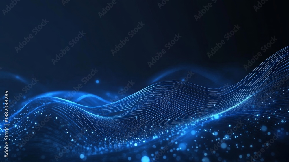 Poster abstract blue wave with digital lines and sparkling particles on dark background