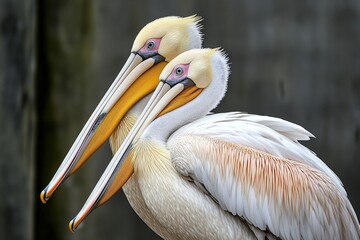 A pair of pelicans standing side by side, their long beaks touching as if in conversation