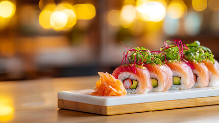Delicious sushi rolls served on a wooden board elegant restaurant setting food photography warm ambiance culinary delight