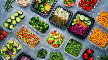Healthy meal prep ideas kitchen food photography modern environment bird's eye view balanced diet concepts