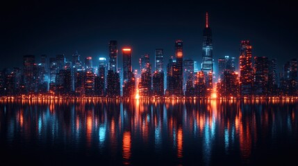 Fototapeta premium Neon Cityscape at Night: A Futuristic Metropolis Reflected in Still Waters