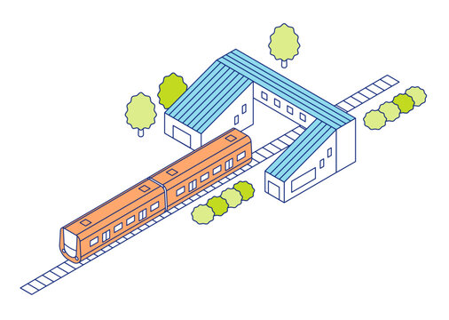 Isometric drawing of a station and train, showing a railroad illustration with a two-car train parked inside the station building.