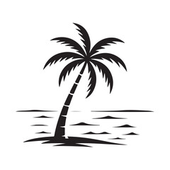 Silhouette of palm trees on an island with the sun setting over the ocean.