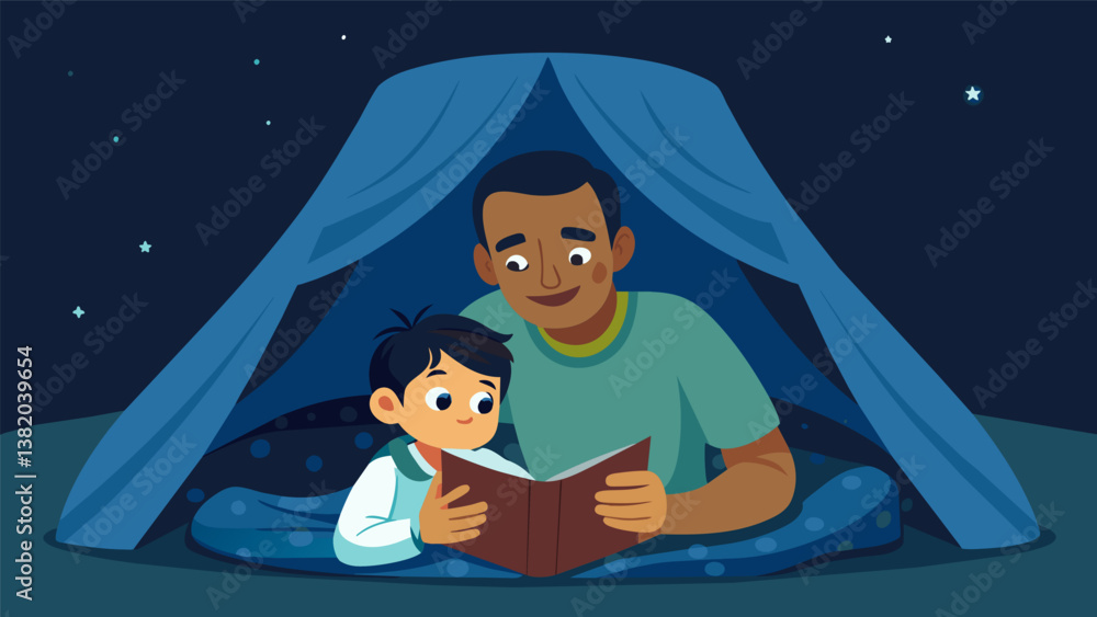 Poster a father and son huddled inside a tent reading a scary story by flashlight before bedtime.. vector i