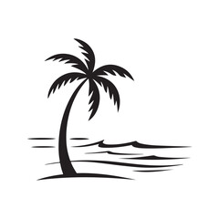 Silhouette of palm trees on an island with the sun setting over the ocean.