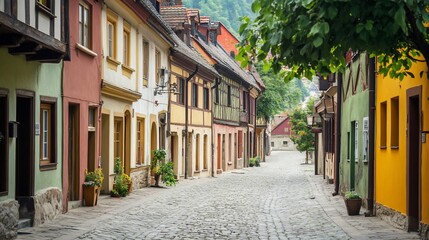 Fototapeta premium Scenic European Village Street with Historic Buildings and Cobblestone Pavement