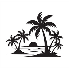Silhouette of palm trees on an island with the sun setting over the ocean.