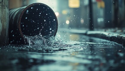 Water Leaking from Pipe on Rain-Soaked City Street at Night