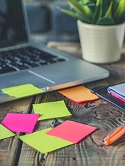 Office Desk for Planning, Sticky Notes, Laptop.