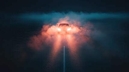 Fototapeta premium Car headlights pierce dense fog on a road, creating an eerie, atmospheric scene