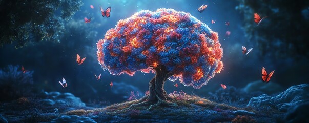 A surreal human brain transformed into a majestic tree