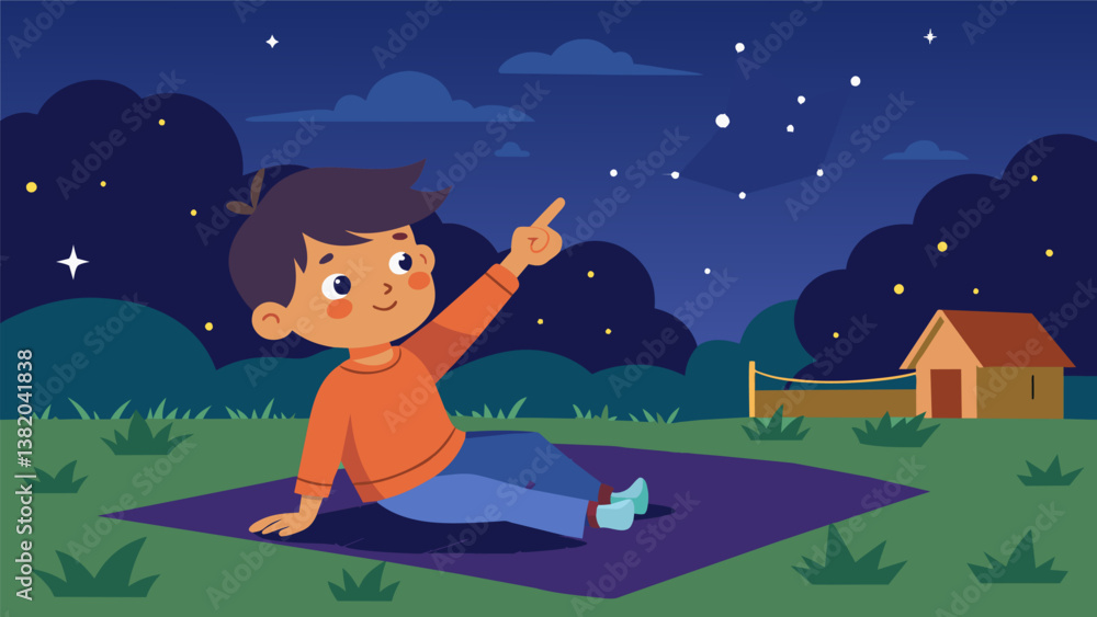Poster a child excitedly pointing out constellations in the starry sky while lying on a blanket in the back