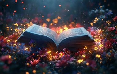 Magical book in blooming flowers