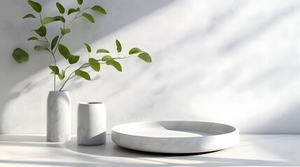 Elegant Minimalist Decor with Marble Elements and Green Foliage