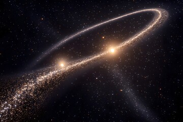Ringed system with two bright stars and galactic dust in deep space.