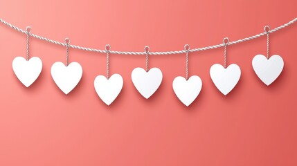 A decorative string of white hearts hanging against a coral background, ideal for romance-themed projects, Valentine's Day promotions, or crafting materials, Perfect for invitations or social media,