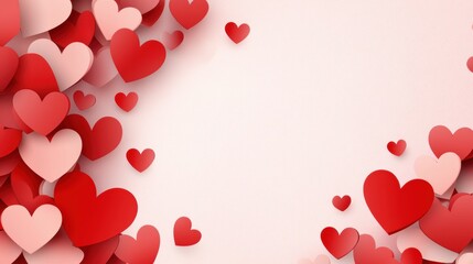 A vibrant arrangement of 3D hearts in shades of red and pink against a soft background creates a romantic atmosphere, Ideal for Valentine's Day cards, love-themed marketing, or decor,