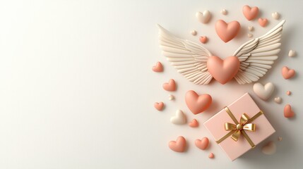 An elegant arrangement showcases pink hearts and delicate wings surrounding a gift box, perfect for themes of love, romance, and celebration, Ideal for greeting cards, invitations, or social media,