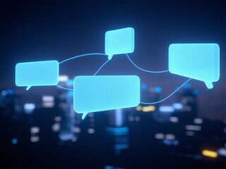 Glowing bubbles communicate across network cityscape at night illustration
