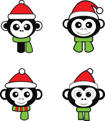Vector outline of a cute Monkey  wearing a Santa Claus hat