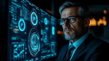 Analyst reviews data on futuristic screen at night