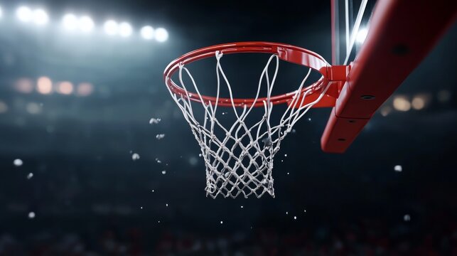 Close-up view of a basketball hoop with net in a sports arena