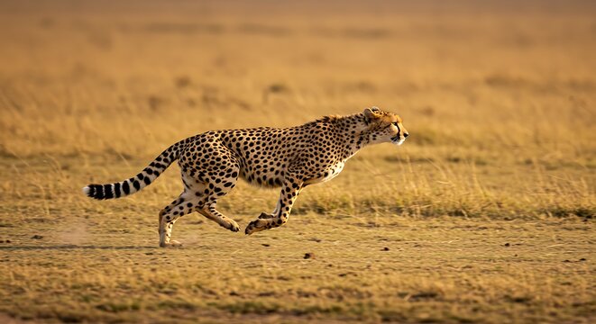 A cheetah is sprinting across the African savanna with incredible speed and grace. The image captures the raw energy and power of the wild cat.