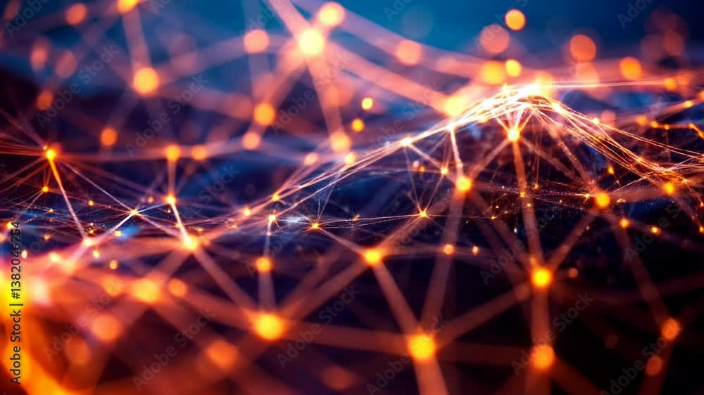 Poster futuristic network of glowing lines and nodes in dynamic digital waves